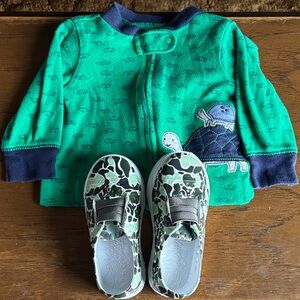 Lot of 2 baby items, Carter’s turtle footie PJ & Blowfish toddler sneakers